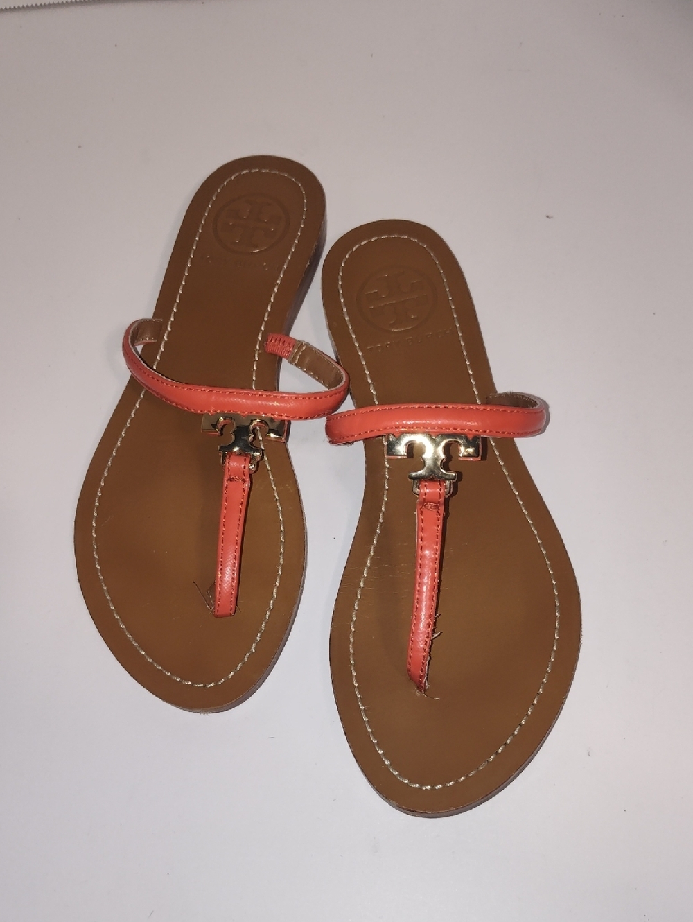 Tory Burch Coral Leather Logo T-Strap Sandals Size 5.5